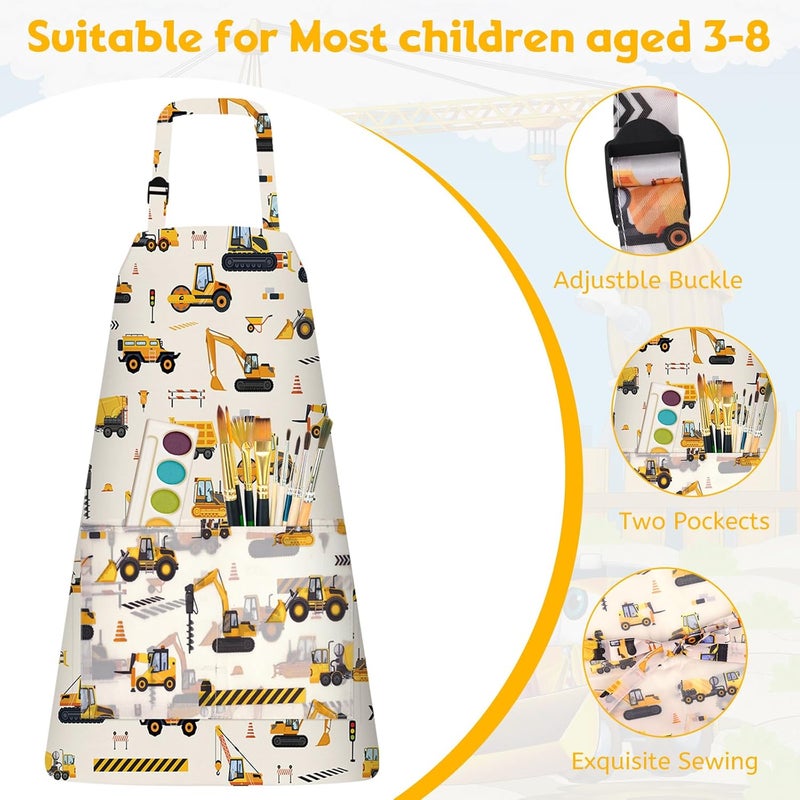 PLULON 4 Pcs Aprons with Pockets Painting Apron for Kids, Kids Apron Adjustable Strap Engineering Vehicles Bulldozer Excavator Truck Apron for Painting Cooking Baking Girls Boys, 3-8 Years - Image 3